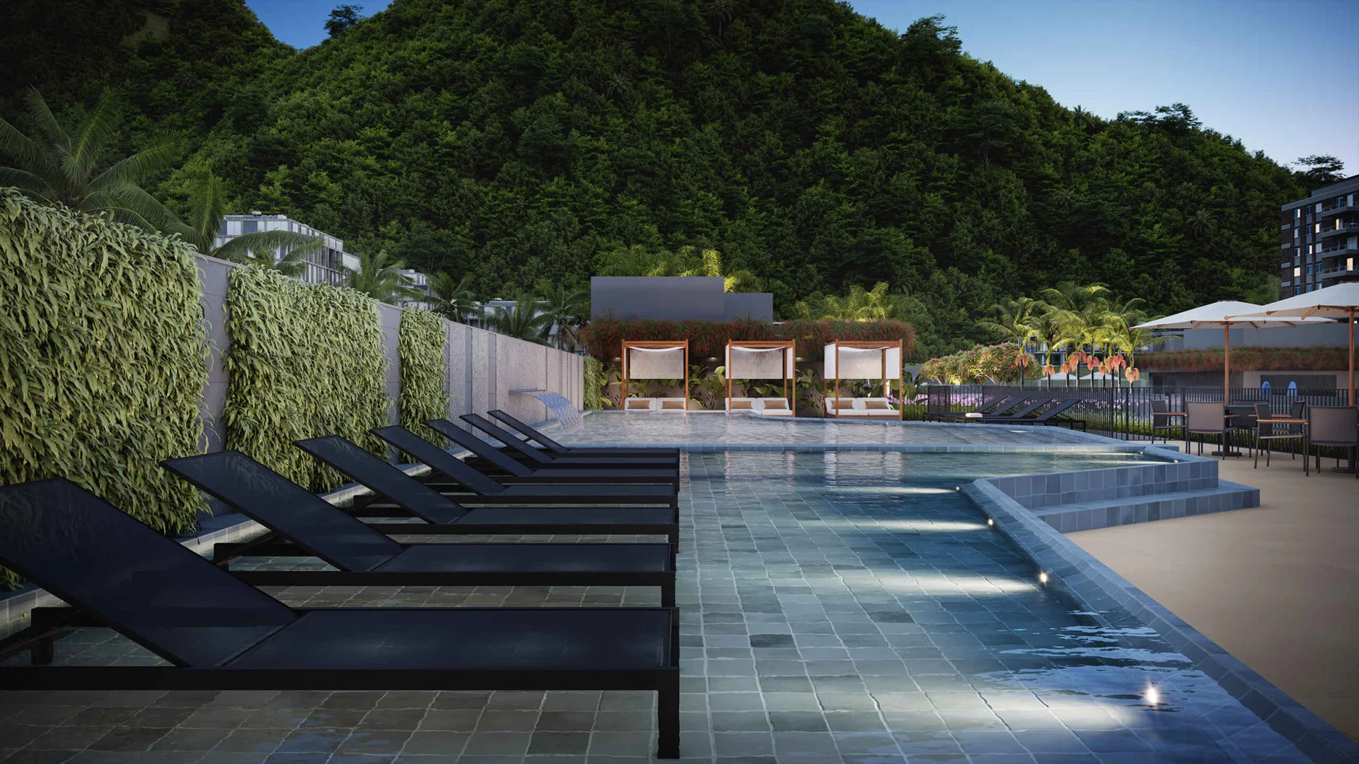 Perspectiva da piscina e do deck do rooftop